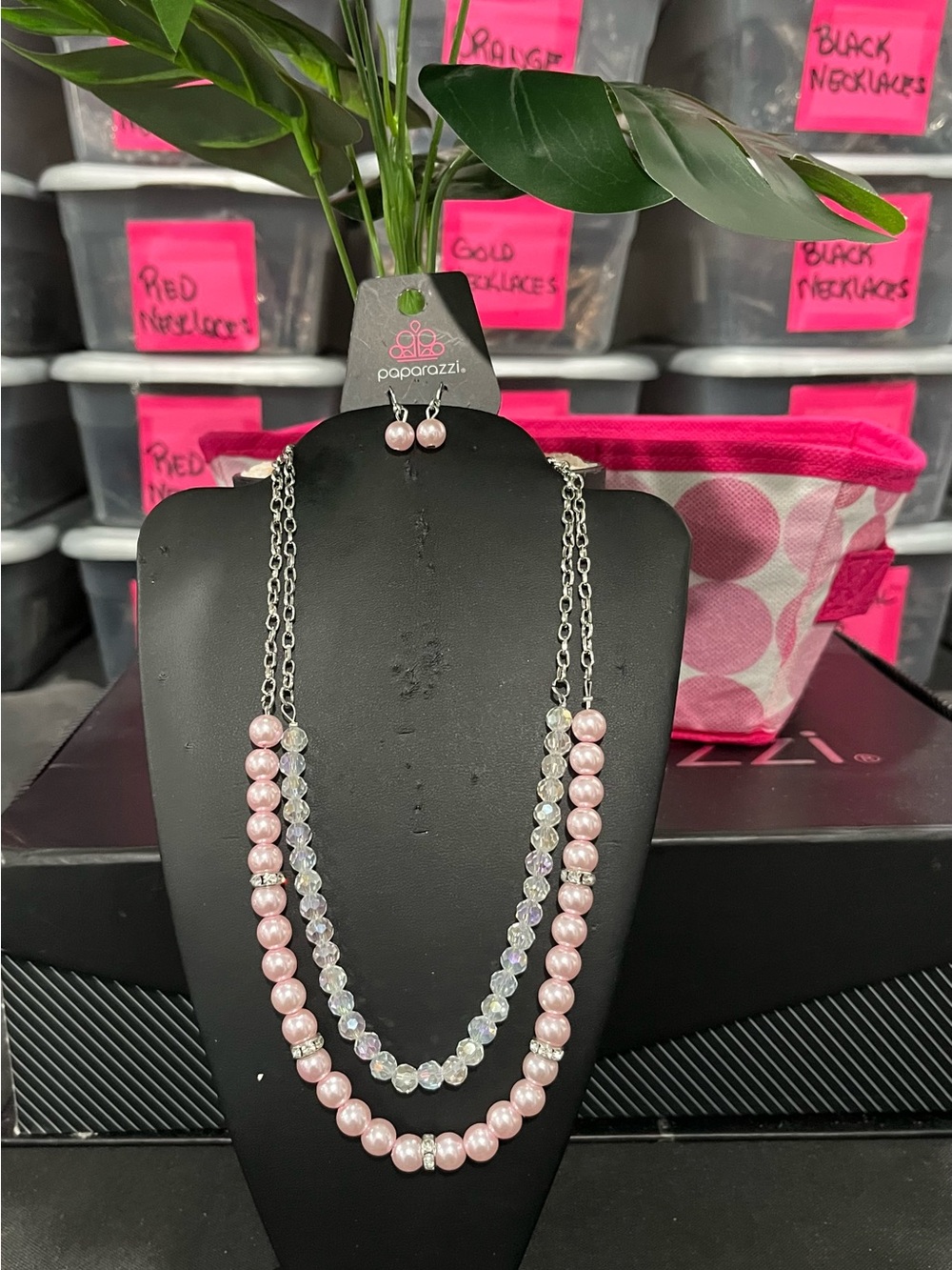 Paparazzi Pink Pearl and Iridescent Double Strand Necklace Set